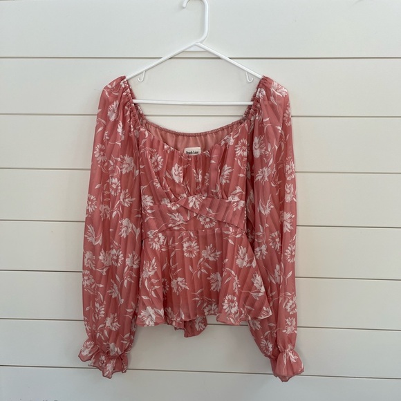 Peach Love California Pink Smocked Blouse with Ruffled Long Sleeves - Picture 1 of 6